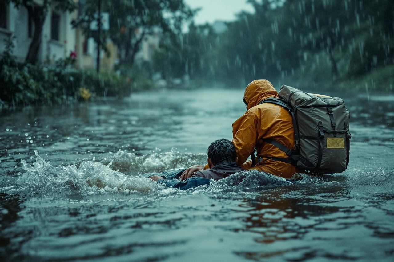 外卖小哥在暴雨激流中救人的感人瞬间